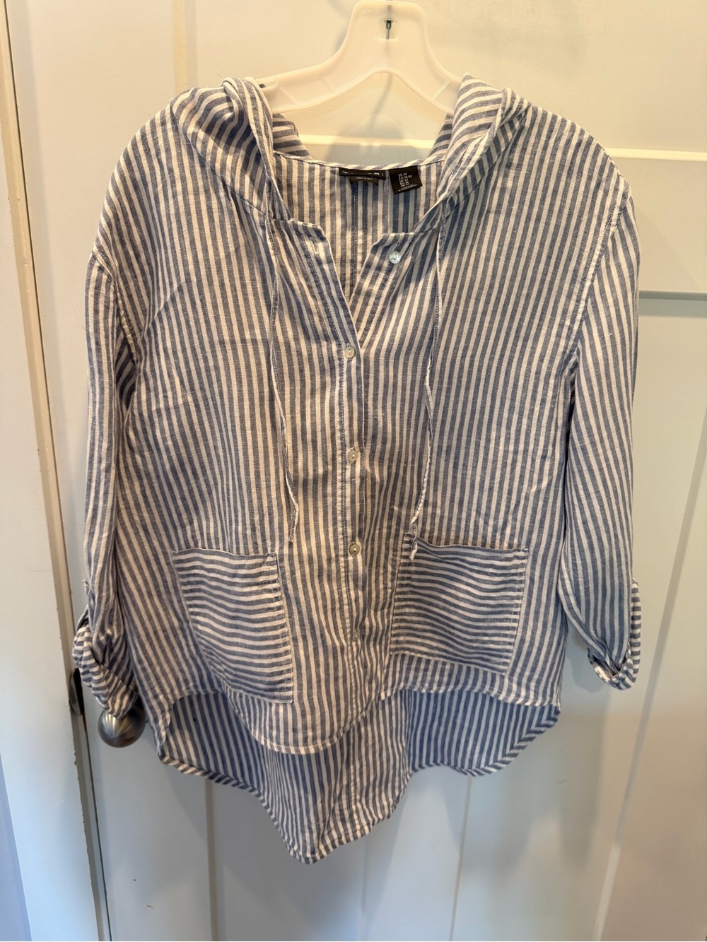 Tahari 100% Linen Blue White Stripe Hooded Tunic Top Medium